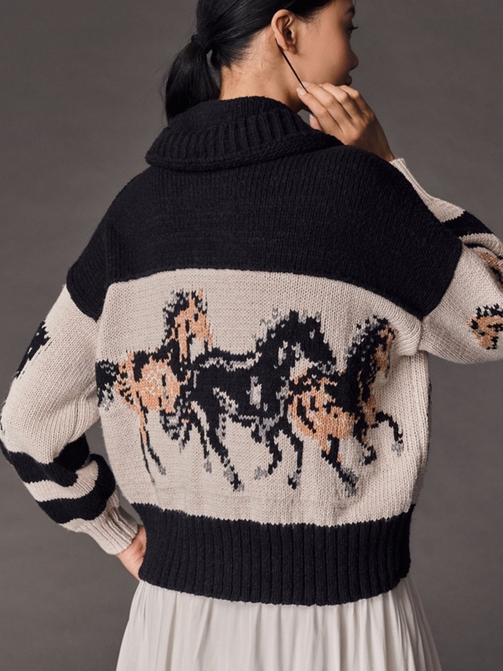 Pilcro Black & Cream Hooded Button-Front Horse Intarsia Cardigan Sweater SAMPLE - Picture 5 of 11